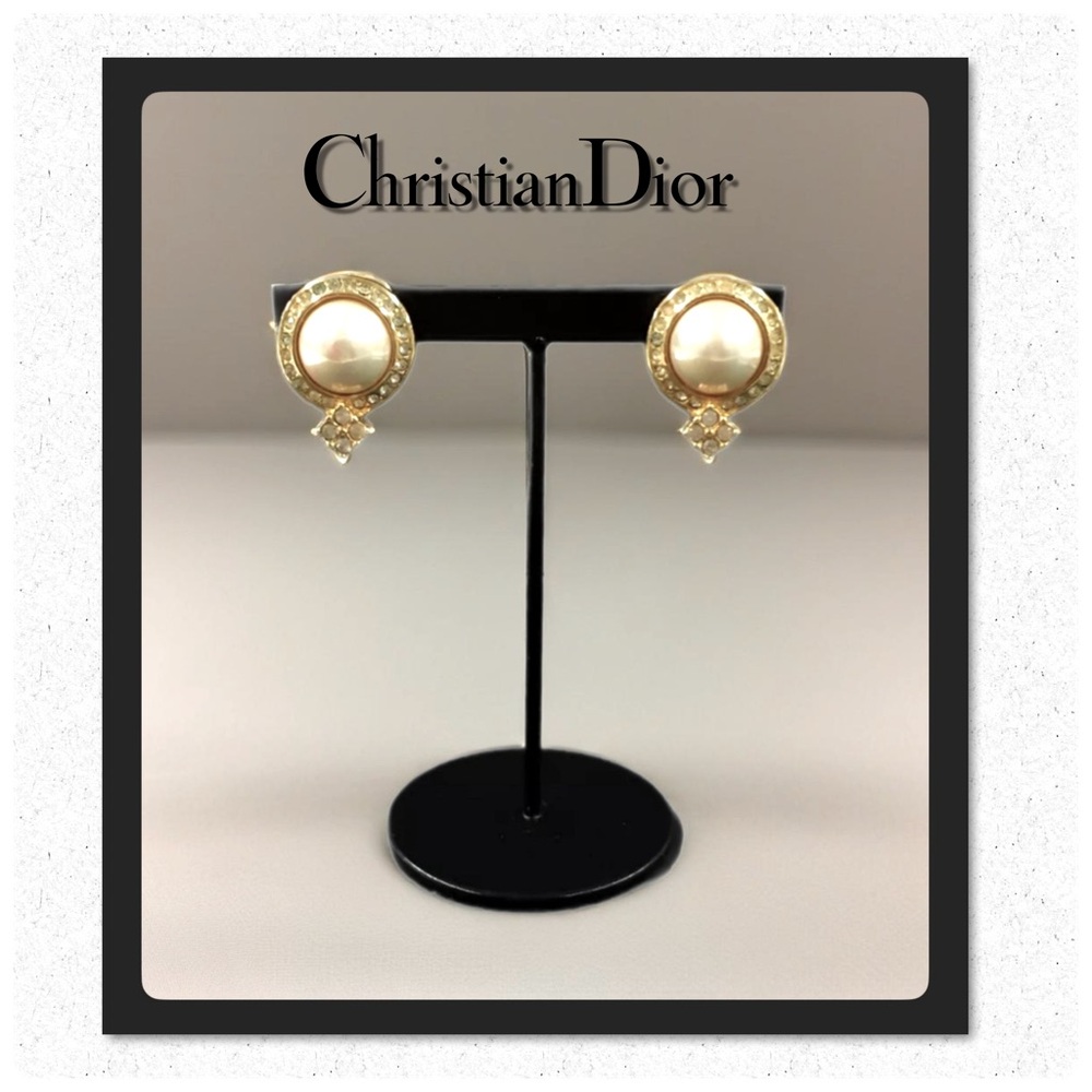 CHRISTIAN DIOR Pearl Rhinestone Gold Tone Earrings - Picture 1 of 8
